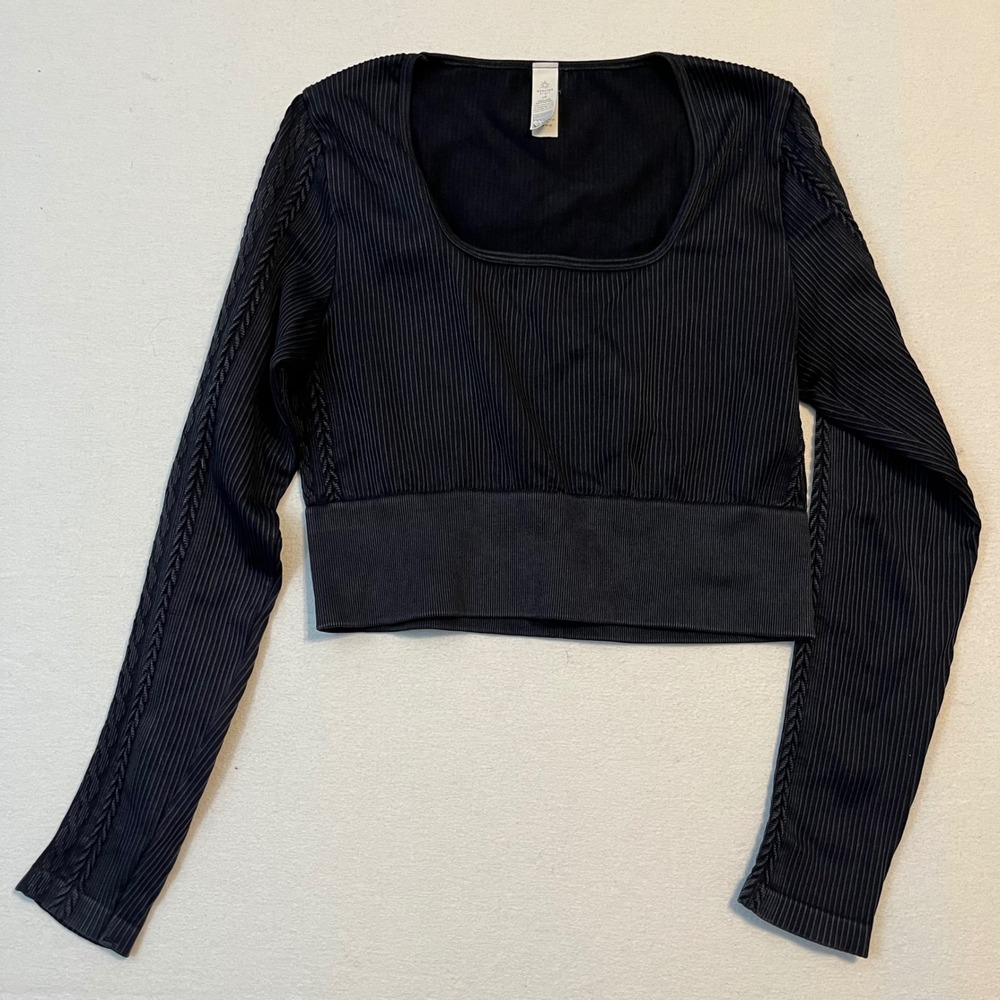 OFFLINE by Aerie Ribbed Yoga Crop Top L Black Square Neck Athletic Workout